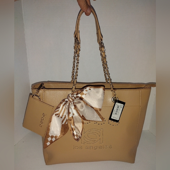bebe Handbags - bebe Tan Tote Bag with Chain Straps